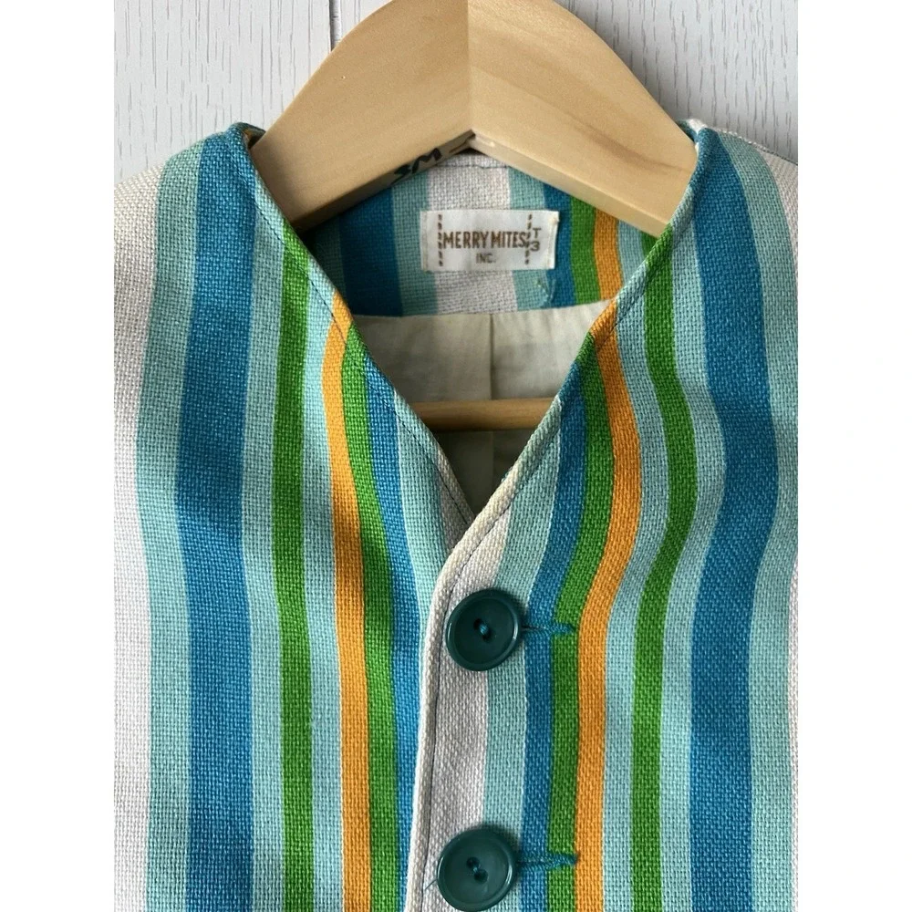 Vintage 1960's  Merry Mites 3T Set Jacket Blue Green Orange Strip Shorts Wedding